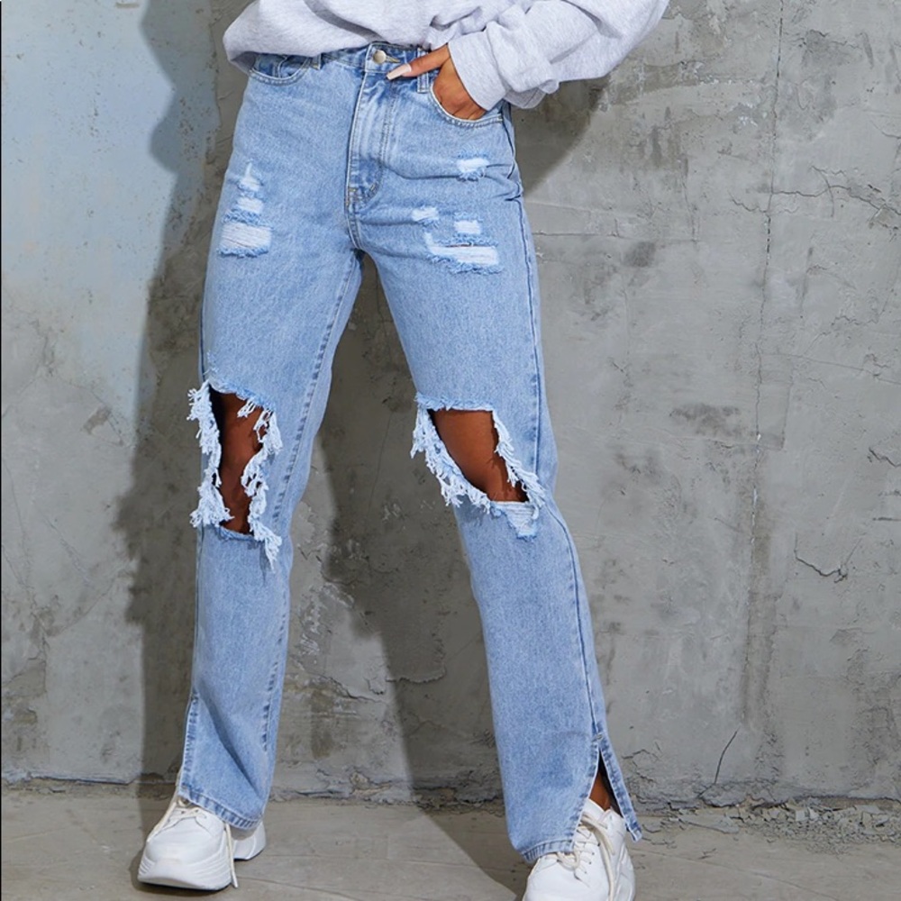 PLT | Light Blue Distressed Split Hem Straight Jean